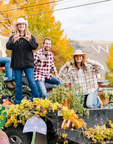 The organics guild float in front of W mountain in the fall.