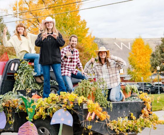 The organics guild float in front of W mountain in the fall.