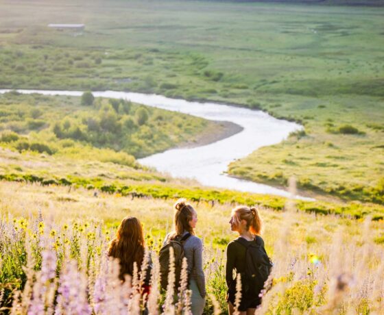 Three students watch the sunrise on the East River Trail.