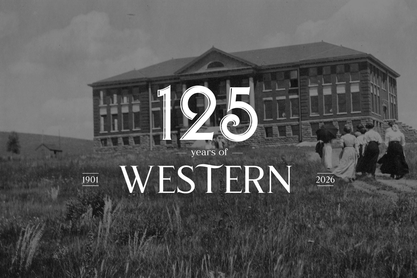 Taylor Hall in the early 1900's with the 125 Years of Western logo overlayed.